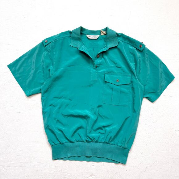 Vintage 80s Neil Martin Teal Nylon-Feel Short Sleeve Blouse Size 8 - Picture 1 of 5